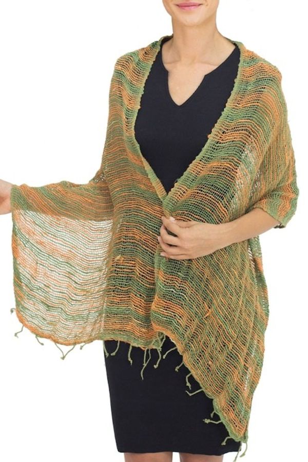 Alternate image for Thai Green and Orange Cotton Scarf Breezy Green and Ginger