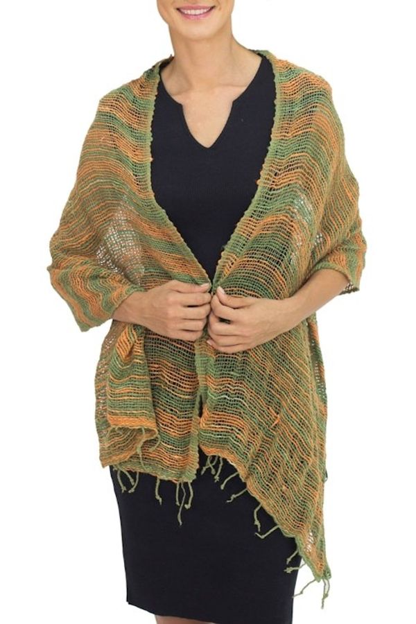 Alternate image for Thai Green and Orange Cotton Scarf Breezy Green and Ginger