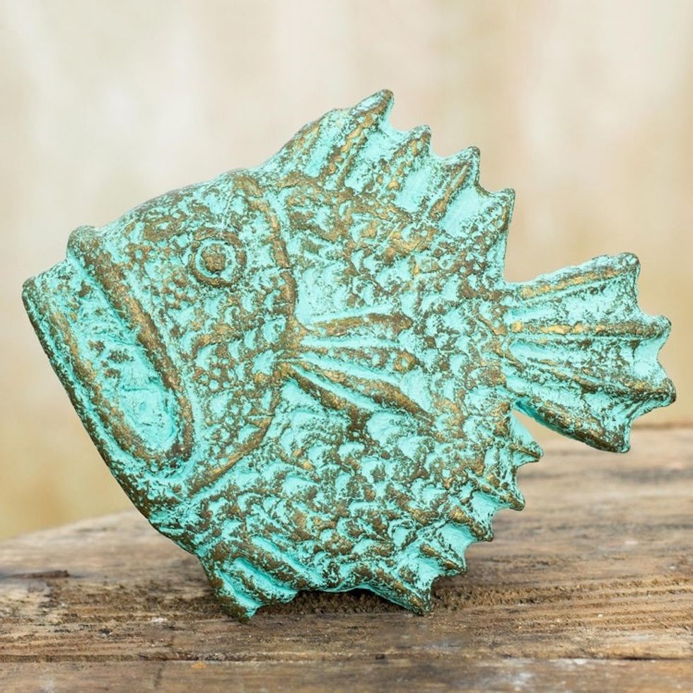 Thai Recycled Paper Wall Sculpture of Green Piranha Fish 'Fierce Piranha'