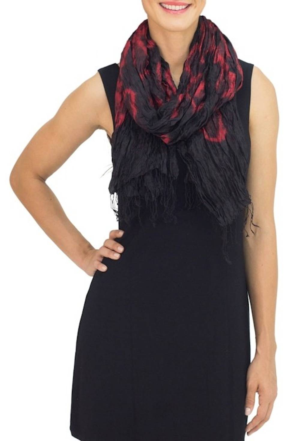 Black Red Tie-dye Silk Scarf Crafted by Hand in Thailand 'Nocturnal Dance'