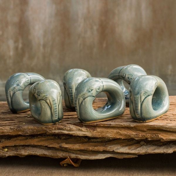Alternate image for Blue Celadon Elephant Napkin Rings set of 6 Guardian Elephant