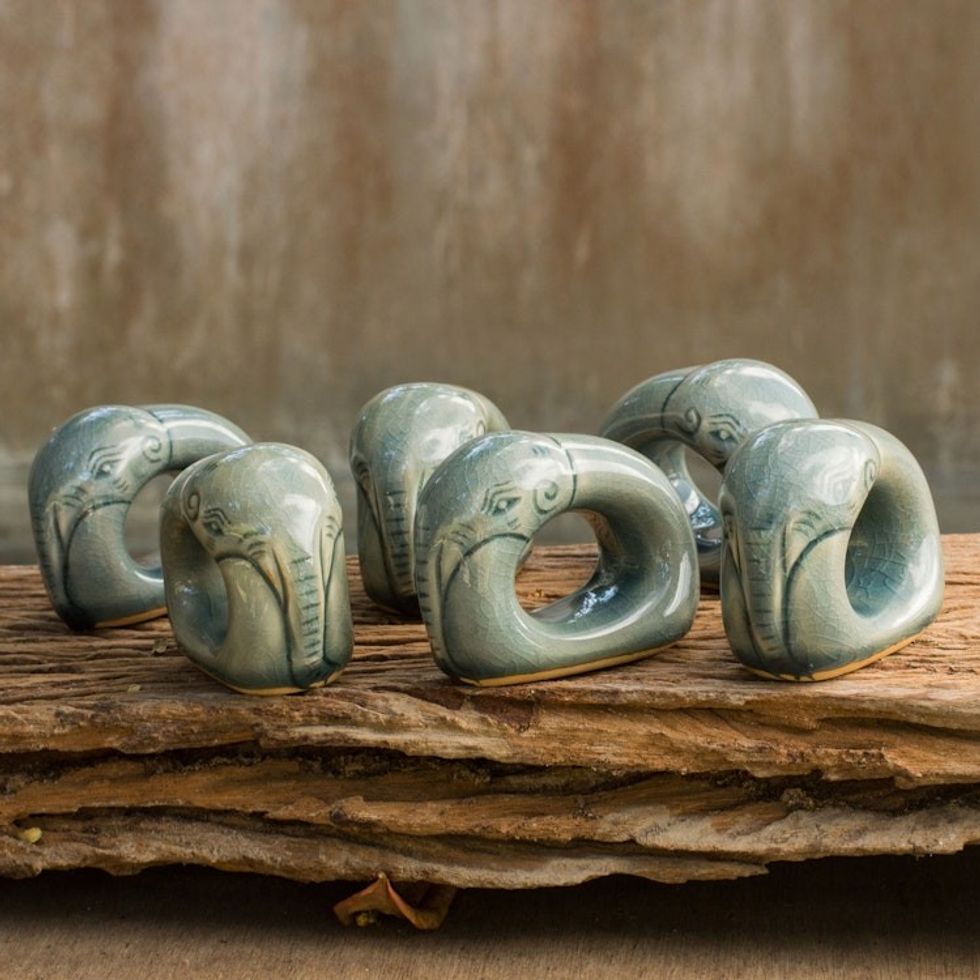 Blue Celadon Elephant Napkin Rings set of 6 'Guardian Elephant'