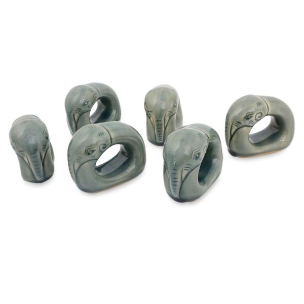 Alternate image for Blue Celadon Elephant Napkin Rings set of 6 Guardian Elephant