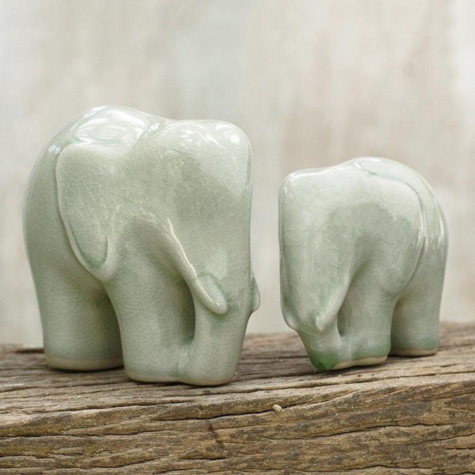 Light Green Celadon Ceramic Figurines of Elephants Pair 'Elephant Bond in Light Green'