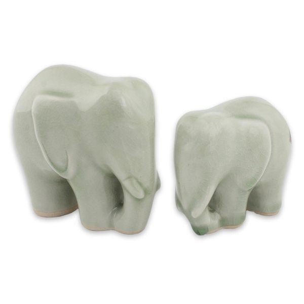 Alternate image for Light Green Celadon Ceramic Figurines of Elephants Pair Elephant Bond in Light Green