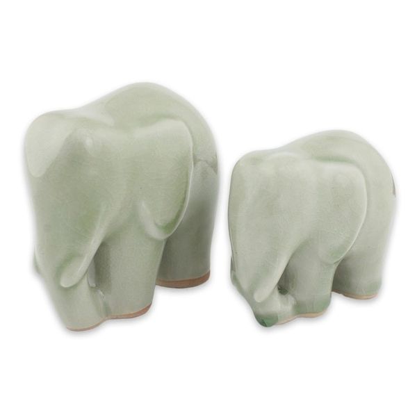 Alternate image for Light Green Celadon Ceramic Figurines of Elephants Pair Elephant Bond in Light Green