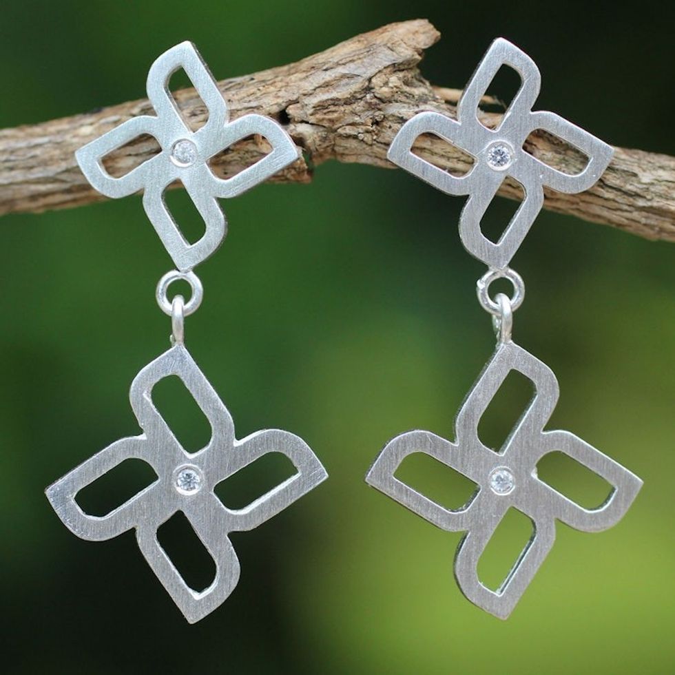 Brushed Silver Dangle Earrings with White Topaz Gemstones 'Playful Pinwheel'
