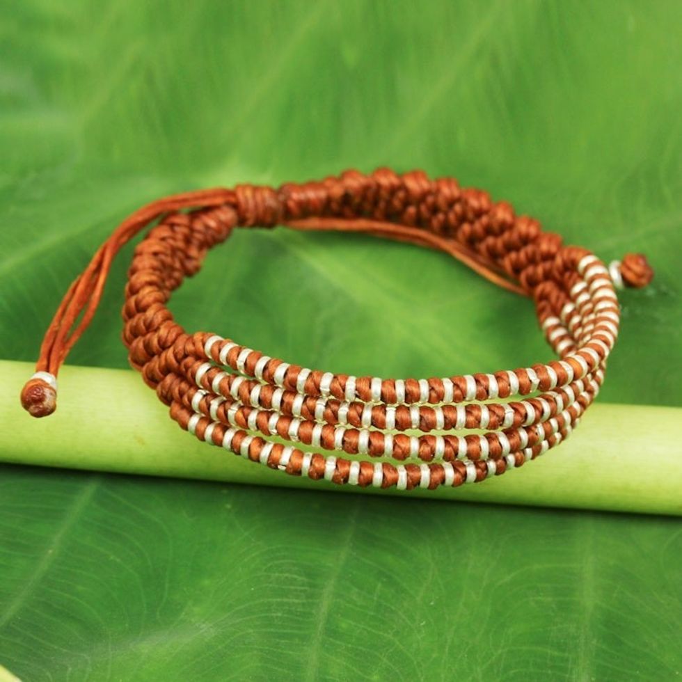 Ginger-Orange Macrame Bracelet with Hill Tribe Silver Beads 'Ginger Chiang Mai Quartet'