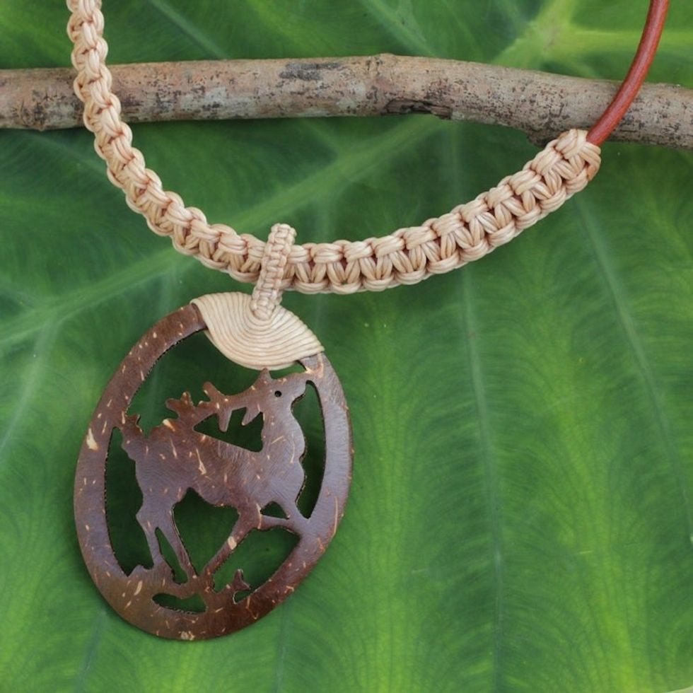 Coconut Shell Pendant on Hand Crafted Leather Necklace 'Happy Deer in Beige'