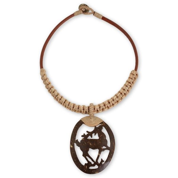 Alternate image for Coconut Shell Pendant on Hand Crafted Leather Necklace Happy Deer in Beige