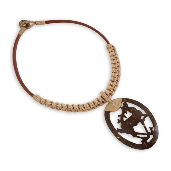 Alternate image for Coconut Shell Pendant on Hand Crafted Leather Necklace Happy Deer in Beige