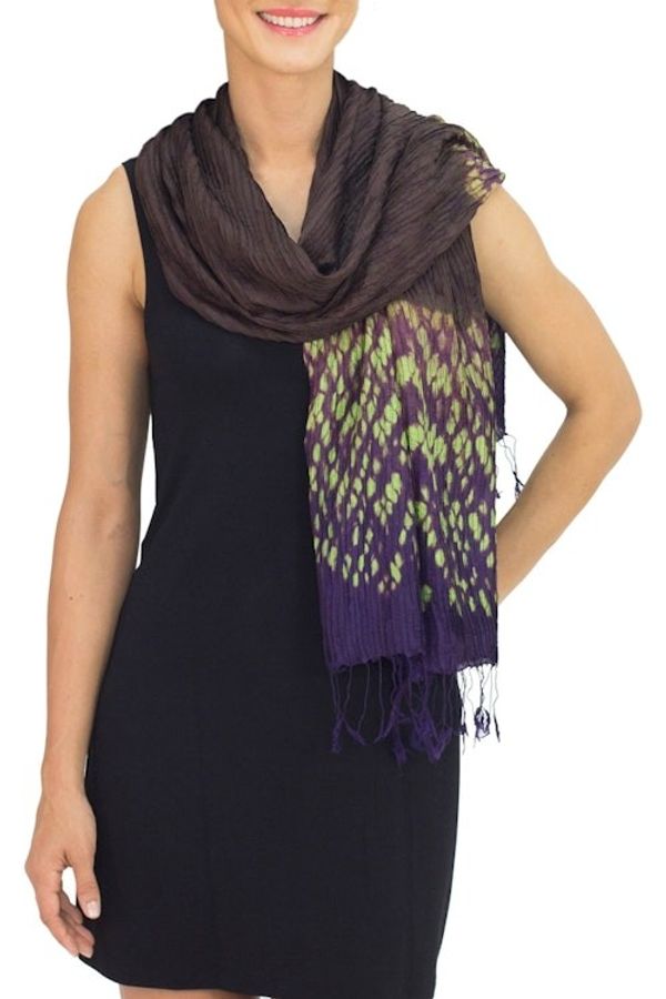 Alternate image for Tie-dye Silk Rayon Scarf Crafted by Hand in Thailand Brown Purple Kaleidoscopic