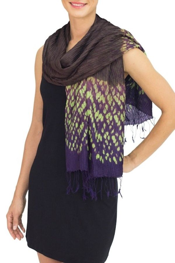 Alternate image for Tie-dye Silk Rayon Scarf Crafted by Hand in Thailand Brown Purple Kaleidoscopic