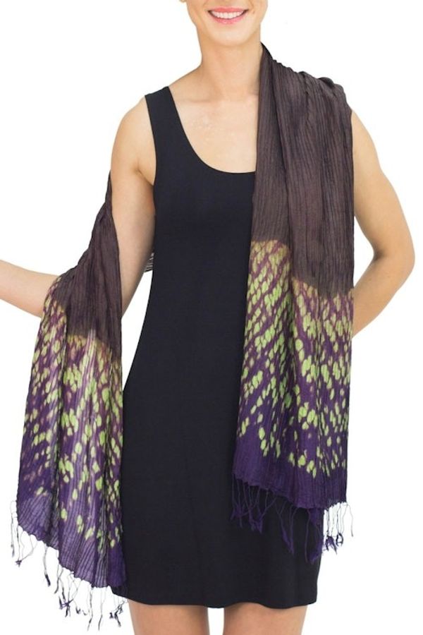 Alternate image for Tie-dye Silk Rayon Scarf Crafted by Hand in Thailand Brown Purple Kaleidoscopic