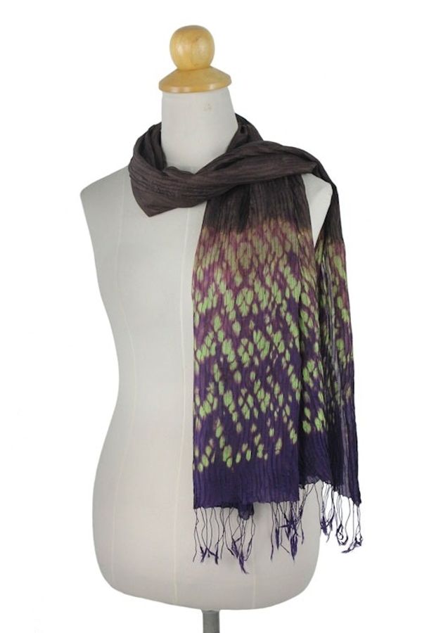 Alternate image for Tie-dye Silk Rayon Scarf Crafted by Hand in Thailand Brown Purple Kaleidoscopic