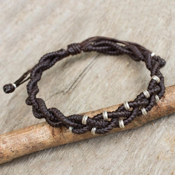 Alternate image for Braided Macrame Bracelet in Espresso Brown with Silver 950 Brown Hill Tribe Bride