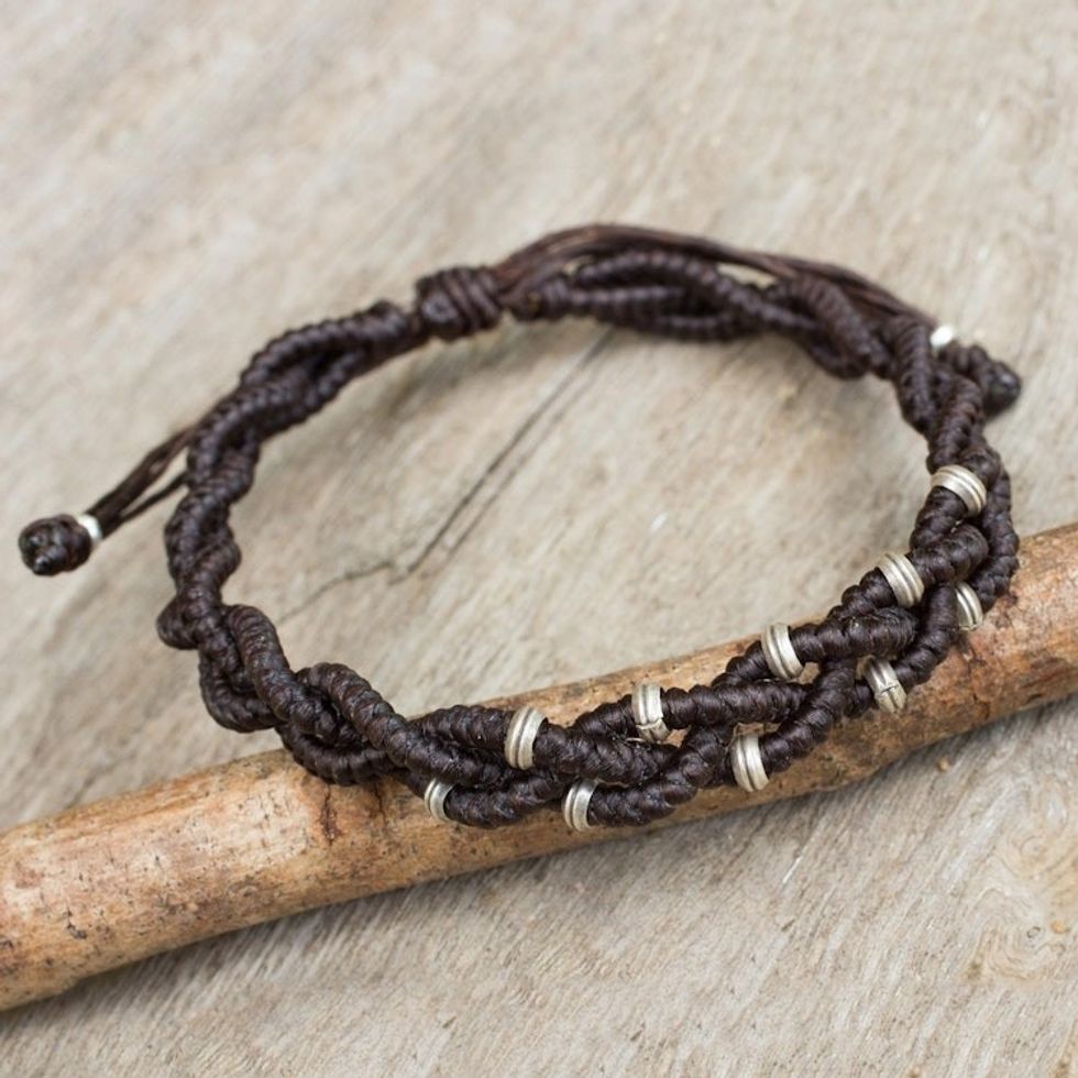 Braided Macrame Bracelet in Espresso Brown with Silver 950 'Brown Hill Tribe Bride'