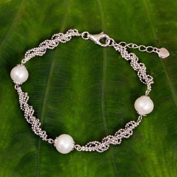 Alternate image for Thai Handcrafted Cultured Pearl and Sterling Silver Bracelet White Jasmine Trio