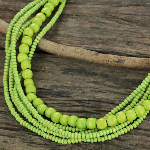 Alternate image for Long Multi Strand Bright Green Beaded Wood Necklace Oasis Dance
