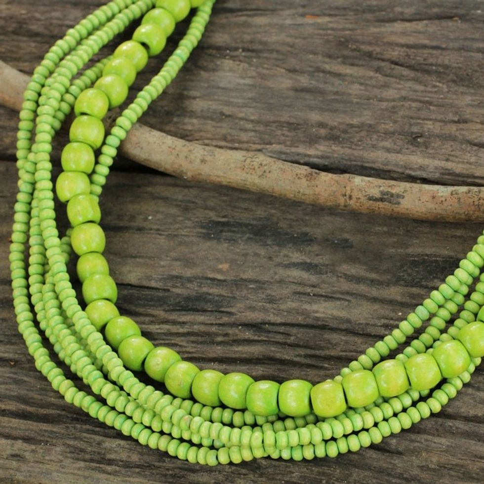 Long Multi Strand Bright Green Beaded Wood Necklace 'Oasis Dance'