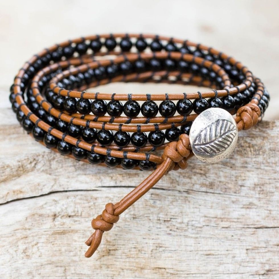 Hill Tribe Silver and Onyx on Handmade Leather Wrap Bracelet 'Leaf Fossil'