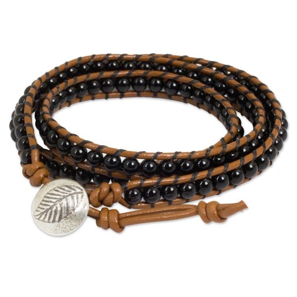 Alternate image for Hill Tribe Silver and Onyx on Handmade Leather Wrap Bracelet Leaf Fossil