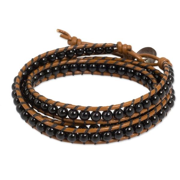 Alternate image for Hill Tribe Silver and Onyx on Handmade Leather Wrap Bracelet Leaf Fossil