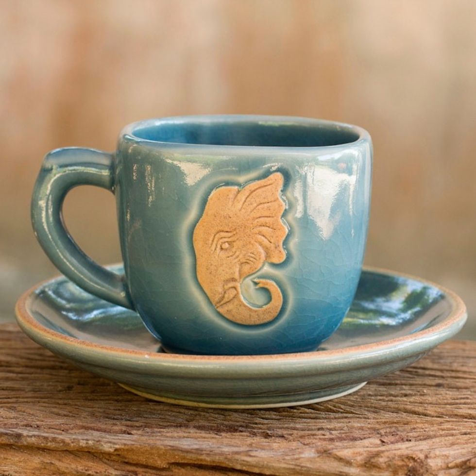 Thai Blue Celadon Elephant Cup and Saucer Set 'Blue Thai Elephant'