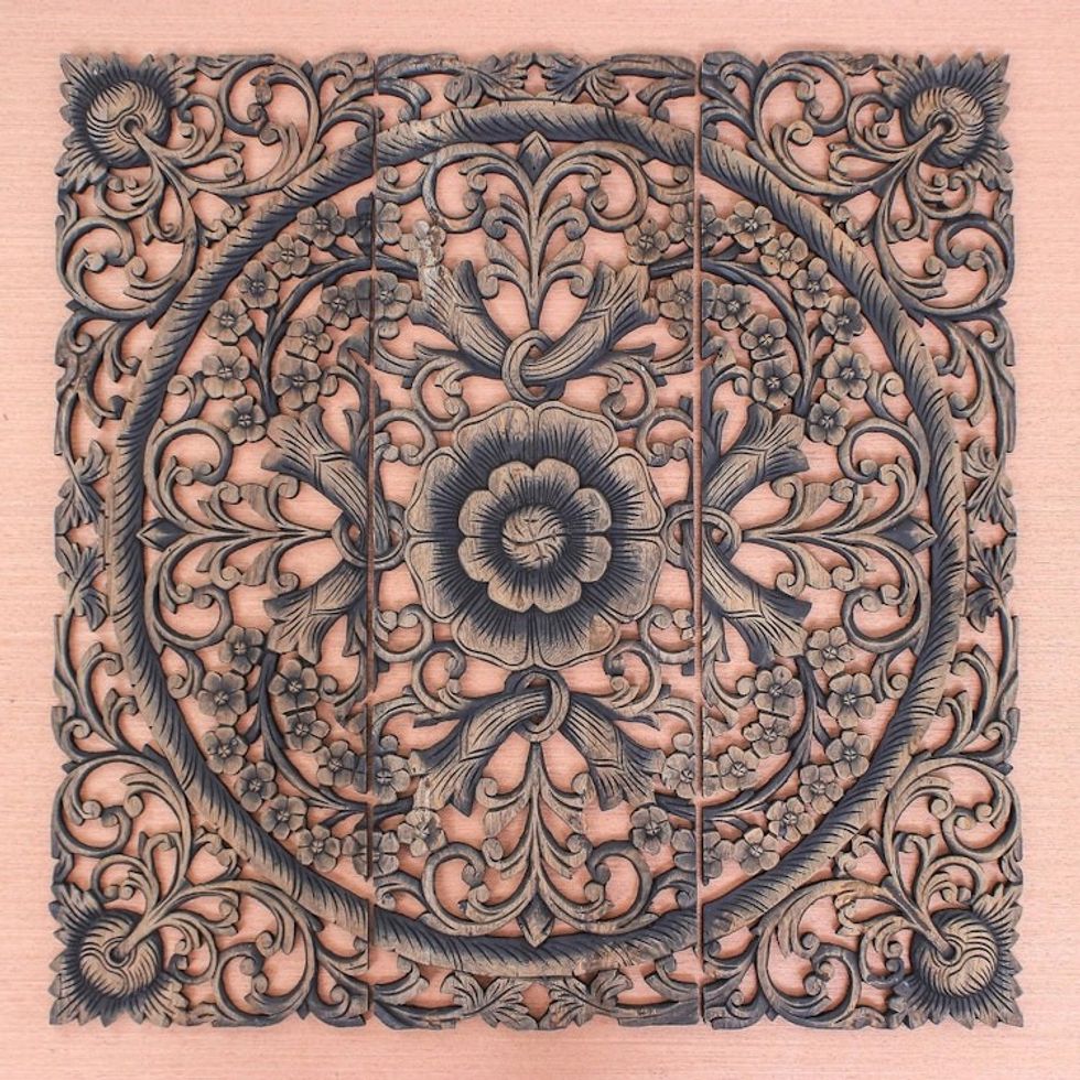 Hand-carved Reclaimed Teakwood Relief Triptych Wall Panel 'Lavish Blooms'