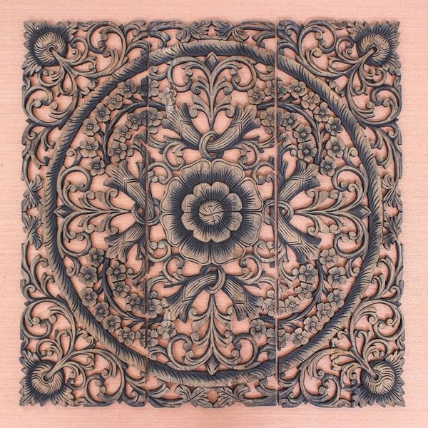 Alternate image for Hand-carved Reclaimed Teakwood Relief Triptych Wall Panel Lavish Blooms