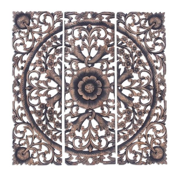 Alternate image for Hand-carved Reclaimed Teakwood Relief Triptych Wall Panel Lavish Blooms