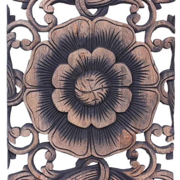 Alternate image for Hand-carved Reclaimed Teakwood Relief Triptych Wall Panel Lavish Blooms