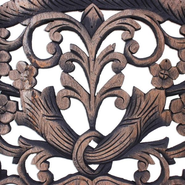 Alternate image for Hand-carved Reclaimed Teakwood Relief Triptych Wall Panel Lavish Blooms
