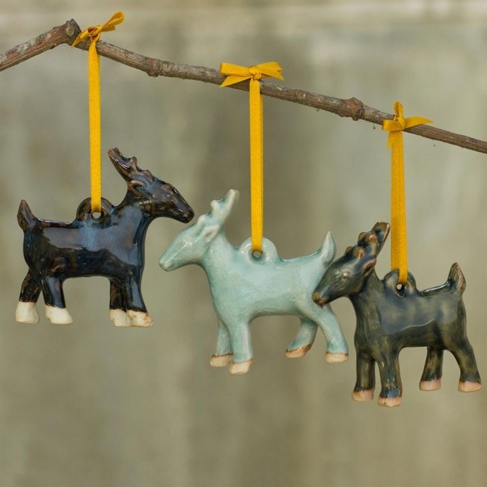 Celadon Ceramic Deer Ornaments in Blue and Brown Set of 3 'Holiday Deer'