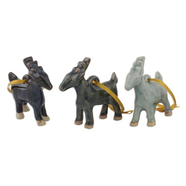 Alternate image for Celadon Ceramic Deer Ornaments in Blue and Brown Set of 3 Holiday Deer