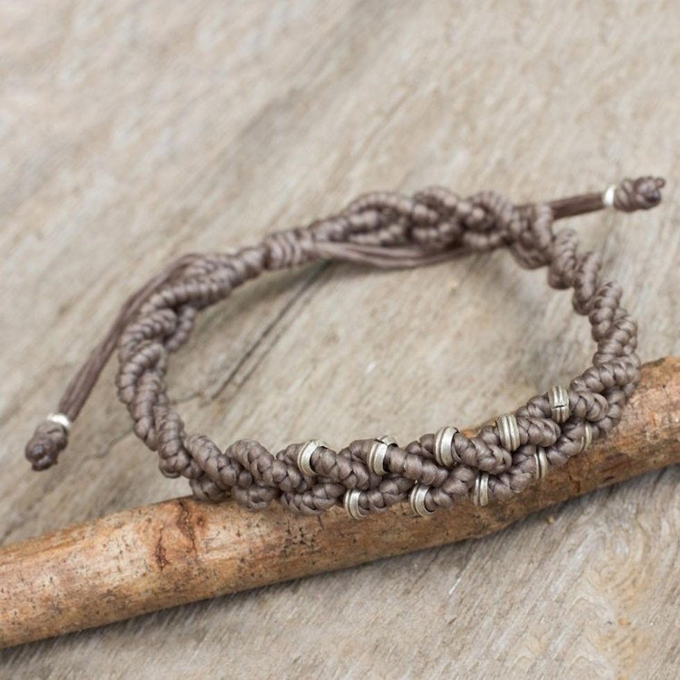 Grey Braided Macrame Bracelet with Karen Tribe Silver 'Grey Hill Tribe Bride'