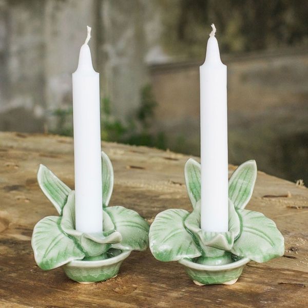 Alternate image for Green Celadon Ceramic Orchid Shaped Candle Holders Pair Thai Jade Orchids