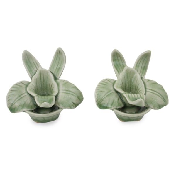 Alternate image for Green Celadon Ceramic Orchid Shaped Candle Holders Pair Thai Jade Orchids