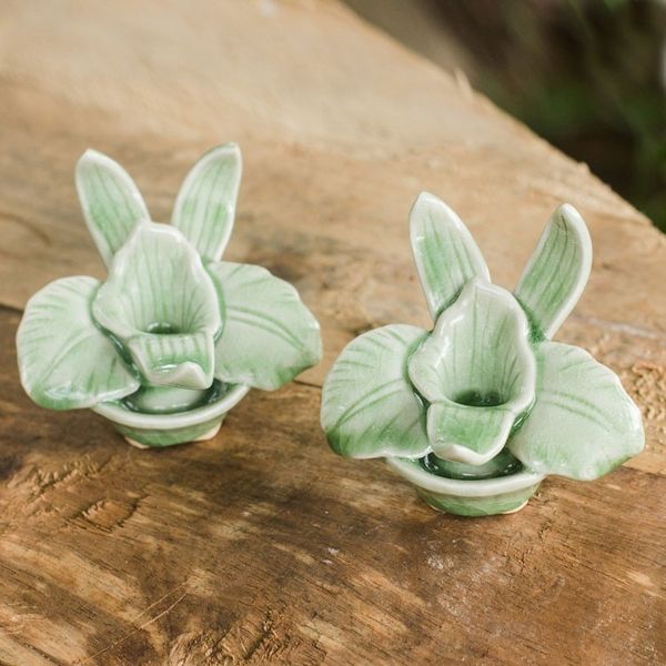 Alternate image for Green Celadon Ceramic Orchid Shaped Candle Holders Pair Thai Jade Orchids