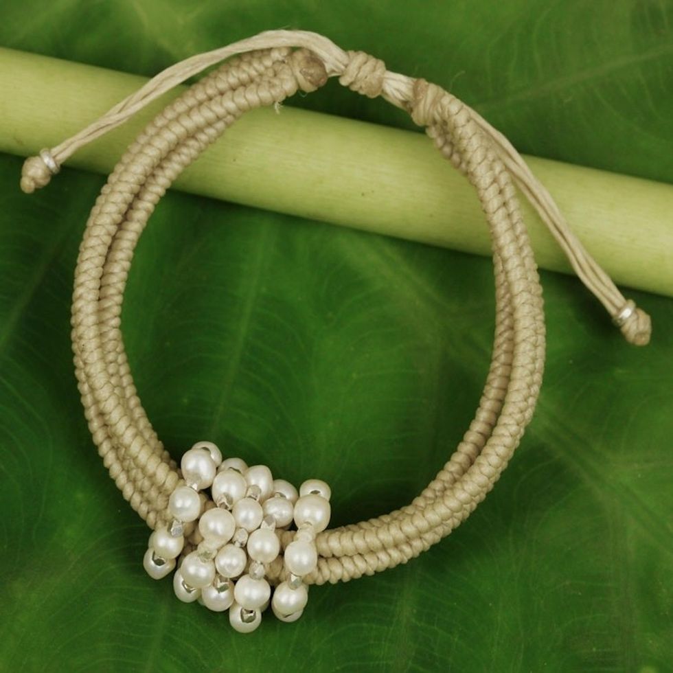 Thai Beige Wristband Bracelet with Cultured Pearls 'All My Love in Beige'