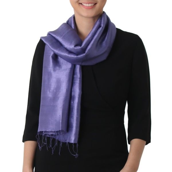 Alternate image for Hand Woven Fringed Silk Scarf in Blue-Violet from Thailand Otherworldly in Blue-Violet