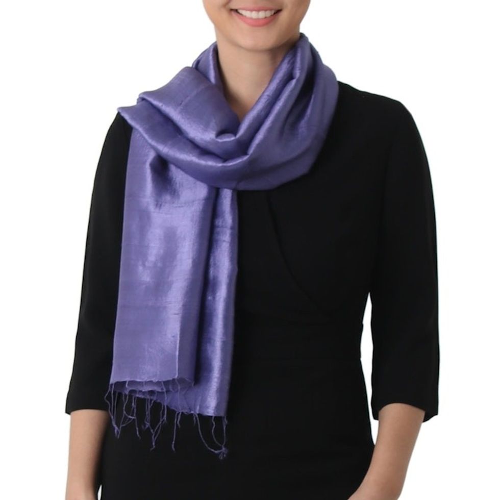 Hand Woven Fringed Silk Scarf in Blue-Violet from Thailand 'Otherworldly in Blue-Violet'