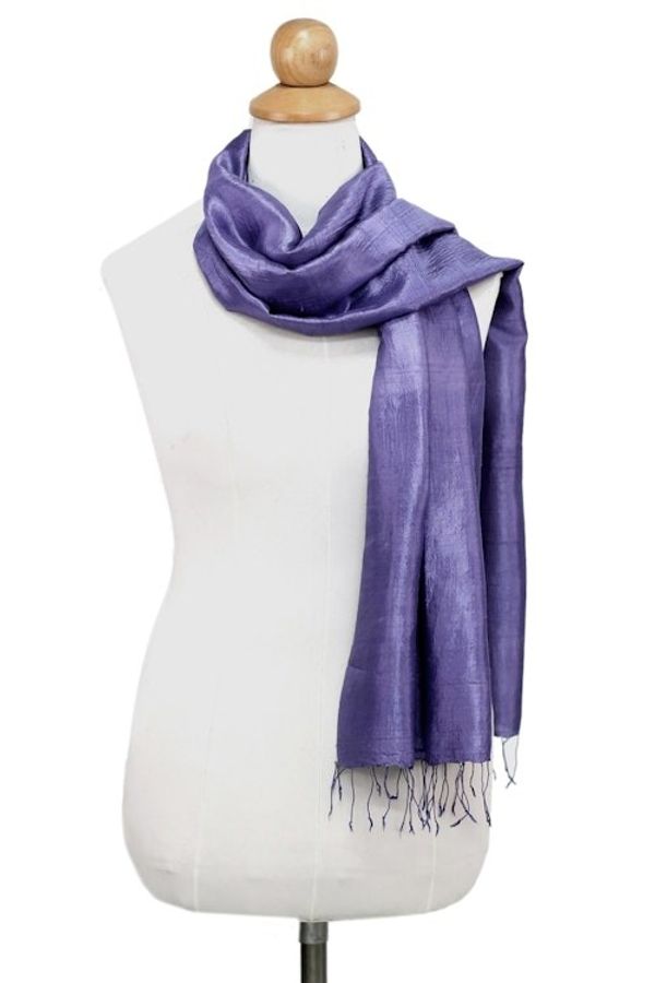 Alternate image for Hand Woven Fringed Silk Scarf in Blue-Violet from Thailand Otherworldly in Blue-Violet