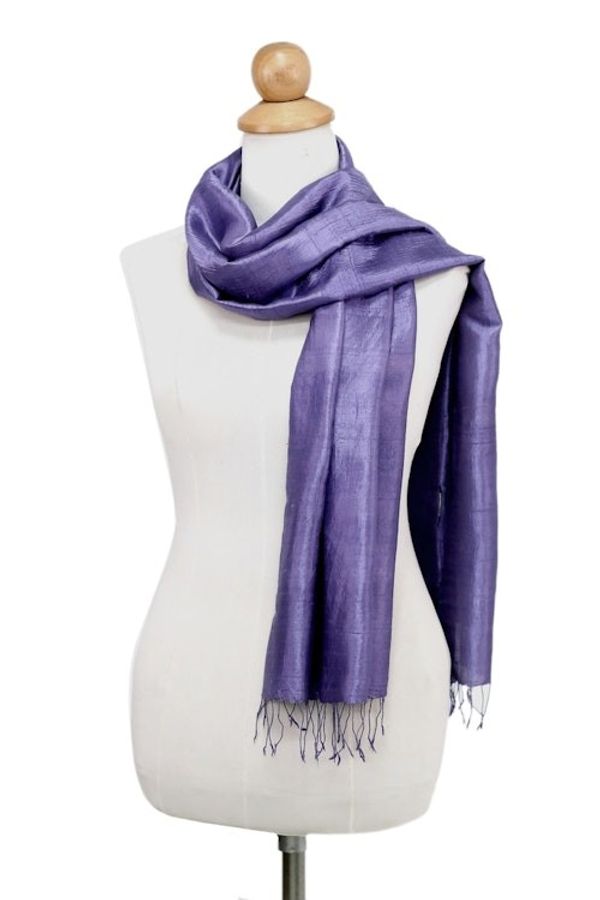 Alternate image for Hand Woven Fringed Silk Scarf in Blue-Violet from Thailand Otherworldly in Blue-Violet