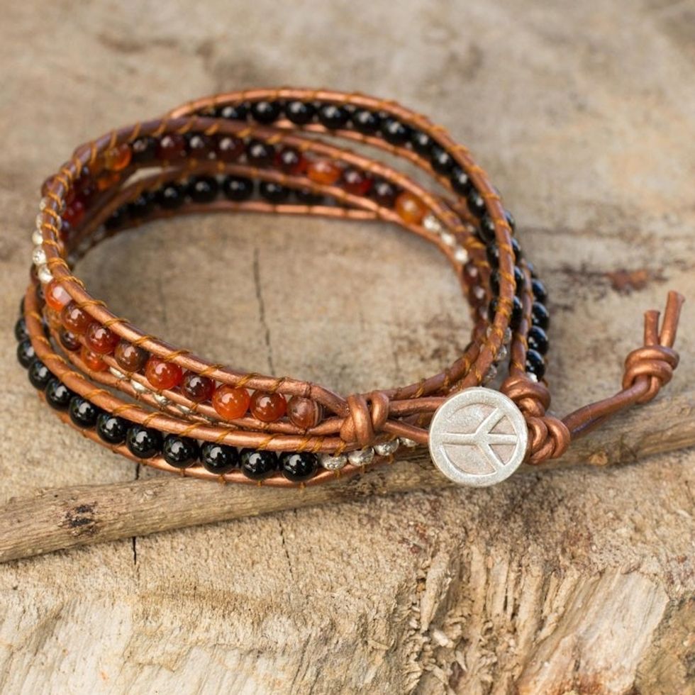 Onyx and Carnelian Wrap Bracelet with Hill Tribe Silver 'Hill Tribe Peace'