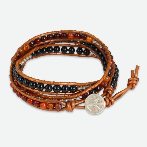Alternate image for Onyx and Carnelian Wrap Bracelet with Hill Tribe Silver Hill Tribe Peace