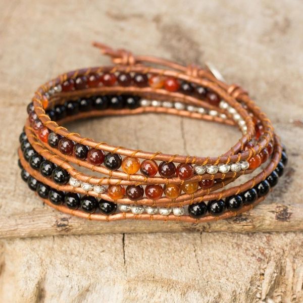 Alternate image for Onyx and Carnelian Wrap Bracelet with Hill Tribe Silver Hill Tribe Peace