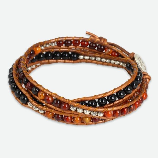 Alternate image for Onyx and Carnelian Wrap Bracelet with Hill Tribe Silver Hill Tribe Peace
