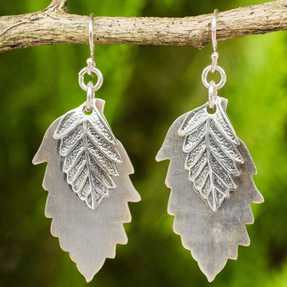 Double 925 Sterling Silver Leaves Artisan Crafted Earrings 'Leaf Shadows'