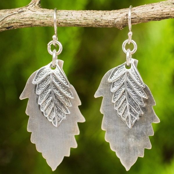 Alternate image for Double 925 Sterling Silver Leaves Artisan Crafted Earrings Leaf Shadows